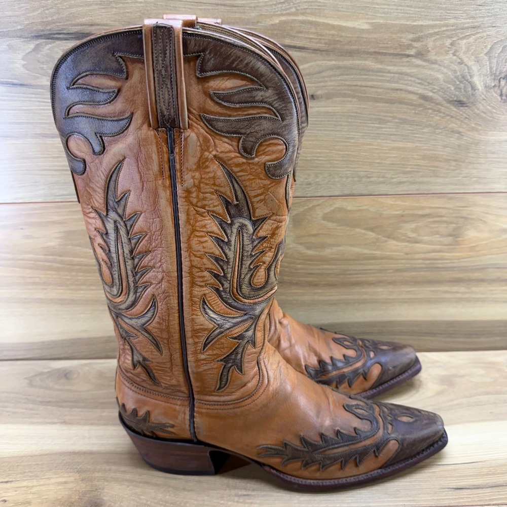 Lucchese Western Boots Womens 10 B Tan Brown Distressed Leather Snip Toe Rodeo